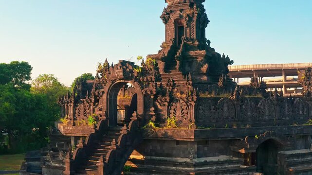 Bajra Sandhi or Monumen Taman Mumbul monument to the struggle for independence Bali, Indonesia 4K Aerial view