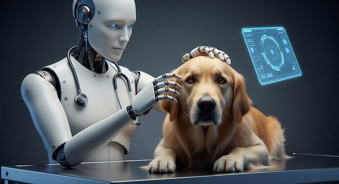 Advanced Robotic Veterinarian Examines Golden Retriever with Futuristic Technology.
