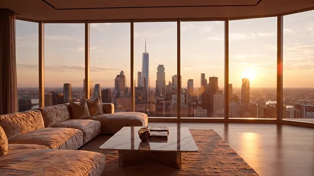 Luxury penthouse living room with New York skyline view.