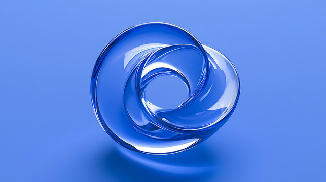 Abstract translucent blue glass torus shape with reflective surface on a cool blue background, modern and clean 3D render