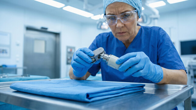 Perioperative nurse inspects robotic surgical tool before operation