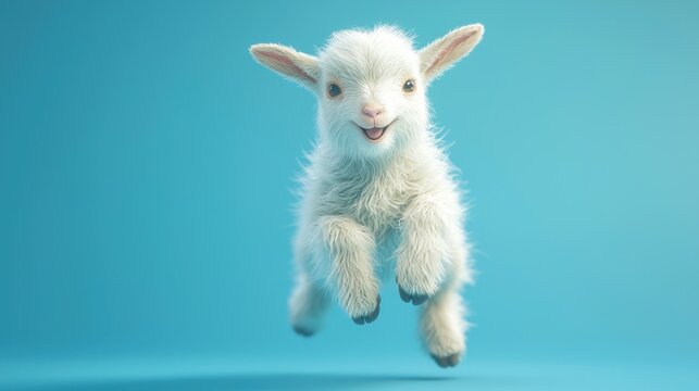 Jumping lamb, blue background, spring, playful, studio