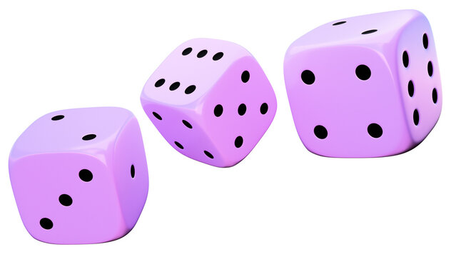 Three standard pink six-sided dice are rolled, their faces visible. The colored dice are in flight after being rolled, against a transparent background.