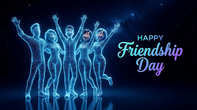 Happy Friendship Day Banner Concept with Glowing 3D Digital People Celebrating Together, Futuristic Friends Network Background