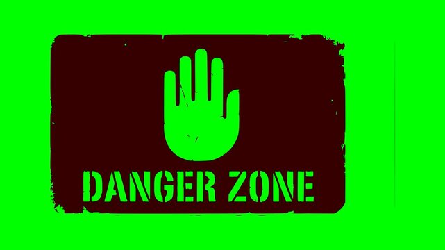 danger zone warning sign animation with a open hand symbol and red flashing light effect on a green screen chroma key background for easy video editing and composition