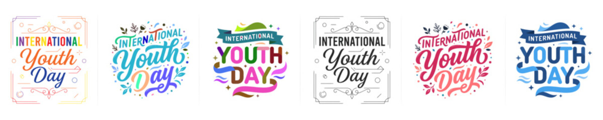 Fototapeta premium Set of colorful hand drawn typography designs for international youth day celebration with various artistic styles
