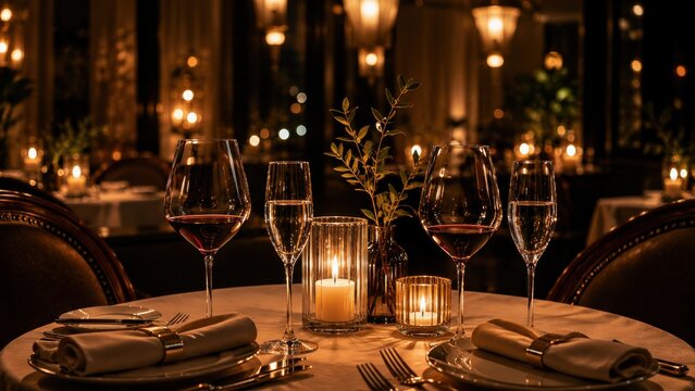 Elegant restaurant table setting with wine glasses and candlelight