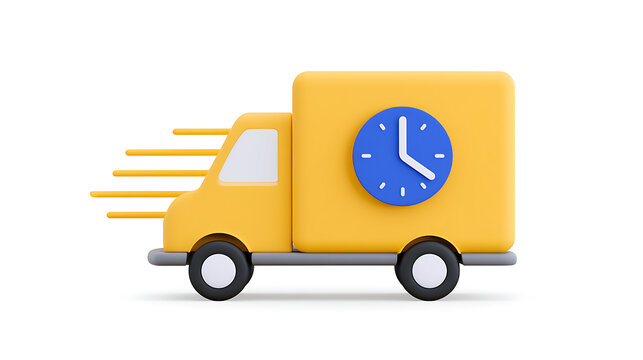 Vibrant yellow delivery vehicle with clock icon on side, depicting express shipping service or fast order fulfillment, 3D render on white background