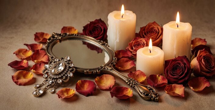 Three lit wax candles stand beside ornate vintage mirror with jewel brooch on table. Red rose petals scatter around glass surface. Dark cozy atmosphere creates romantic mood for wedding holiday spa