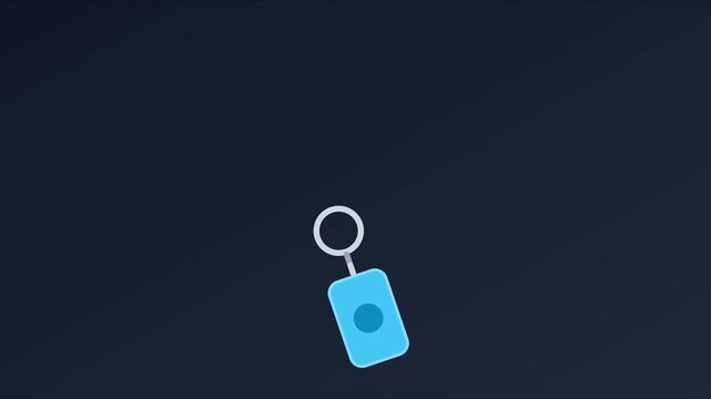 Minimalist blue key fob falling down animation on dark 4k background, for security and, access control concepts