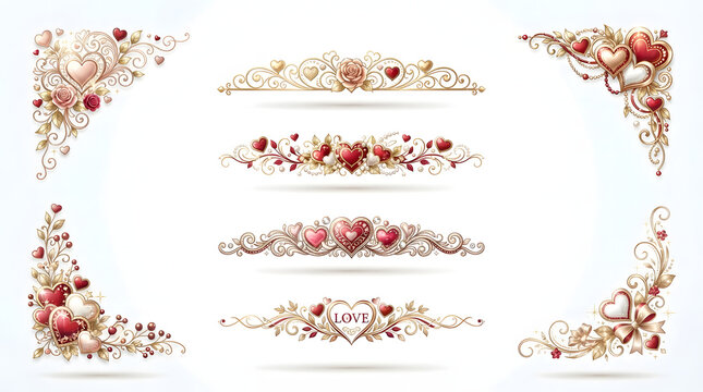 Valentine heart corner decorations. Floral romantic borders for wedding invitation design.