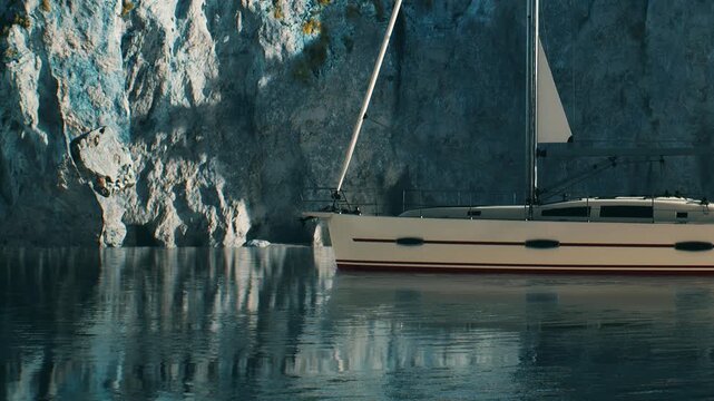 A boat is anchored in still water next to tall rocky cliffs. The sun is setting, casting a warm glow over the scene. The area looks quiet and serene with reflections visible in the water.