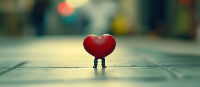 Tiny figure carries heart, city blur, love concept