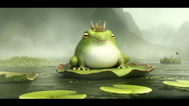 Crowned frog on lily pad, misty swamp, fairytale illustration