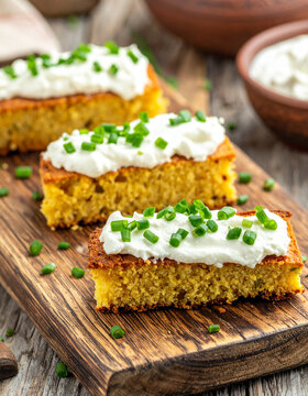 Firm slices of kulesha cornmeal cake served with a dollop of thick sour cream and a sprinkle of green chives.