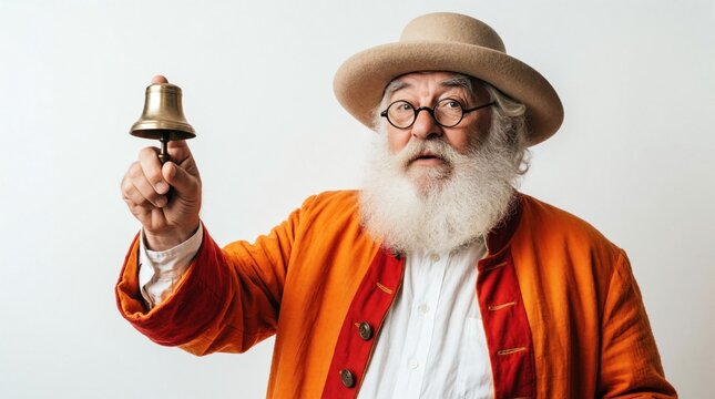 Elderly man with white beard dressed as town crier holds brass hand bell. Senior person in vintage orange coat, hat makes public announcement. Pro character rings metal alarm signal for community