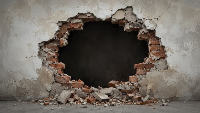 Large hole in a brick wall with plaster debris and cracks