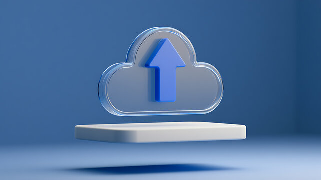Abstract 3D render of a glossy cloud icon with an upward-pointing arrow, symbolizing data upload, storage, and secure transfer to the internet