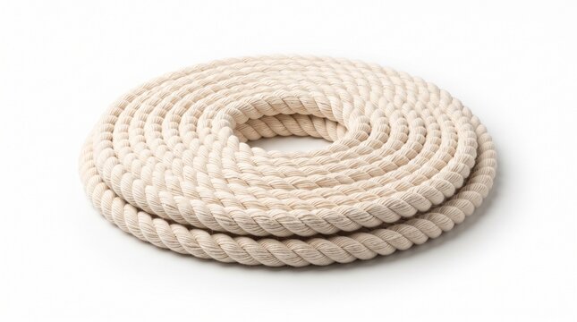 ltra-realistic neatly coiled natural cotton rope, isolated on pure white background,