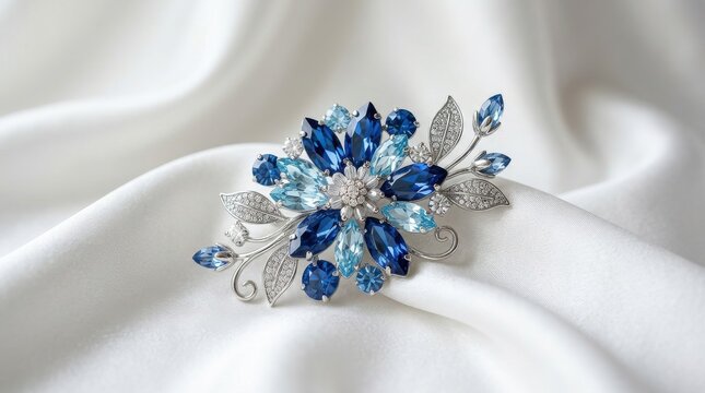Exquisite blue crystal floral brooch sparkling on luxurious white satin fabric
