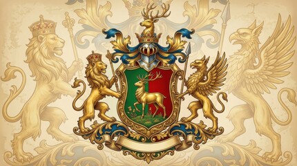 Obraz premium Ornate golden coat of arms with heraldic beasts and stag illustration