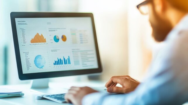 Office Analyst Reviewing Satisfaction Dashboard Busi Executive Report Review View, business analyst evaluating office data, executive report review, corporate performance insights