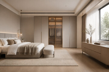 Fototapeta premium A modern, minimalist bedroom with a large bed and built-in wardrobes in a well-lit room.