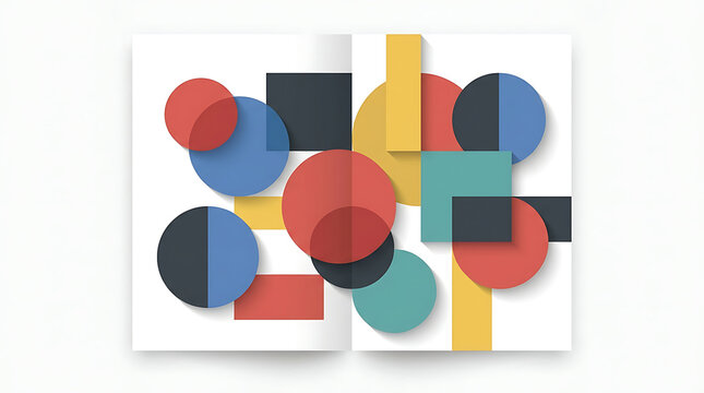Bauhaus style geometric composition on open book, abstract colorful shapes with drop shadows, modern minimalist art layout for creative portfolio