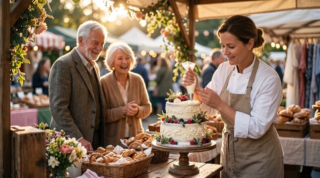 Baker decorates cake at outdoor market with happy couple watching