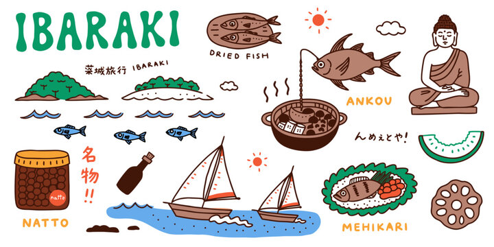 Ibaraki Region Hand Drawn Illustration Featuring Dried Fish Natto And Traditional Boats japan