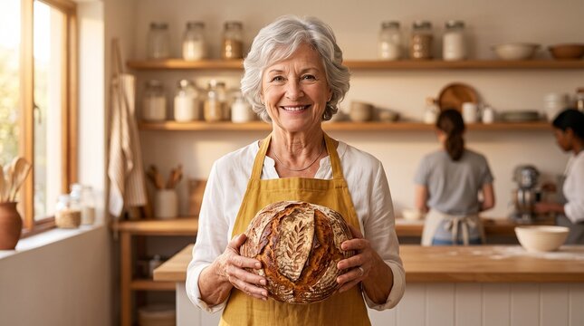 Smiling senior woman holding freshly baked artisan bread in a bright kitchen