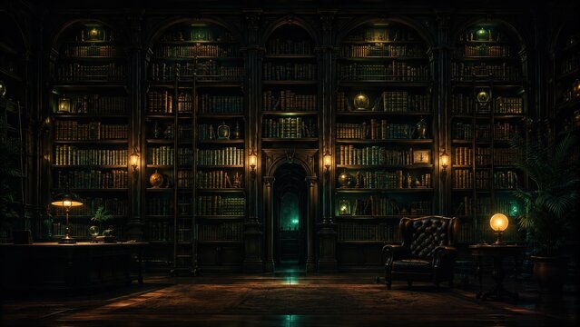 Dimly lit vintage library with glowing book shelves and antique furniture