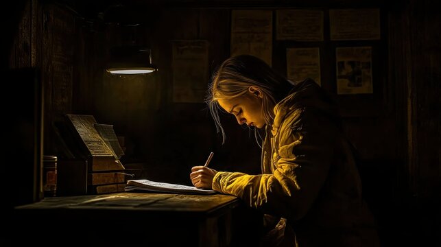 Woman writing journal, dimly lit room, vintage setting, nighttime study