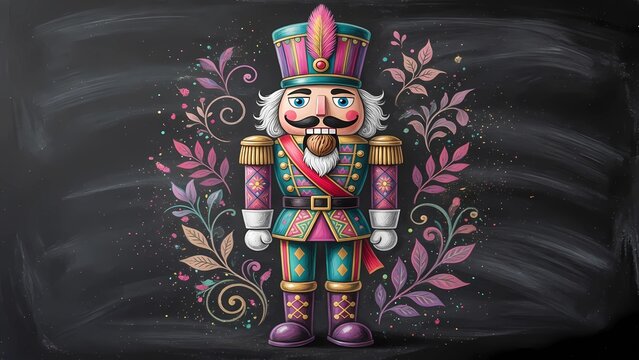 Vibrant pastel chalk drawing of a holiday nutcracker with floral elements on black background