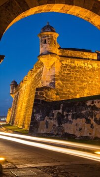 Ancient Stone Walls of Castillo San Felipe de Barajas Illuminated at Blue Hour Architectural Lighting