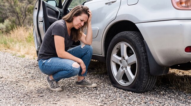 Woman Facing Flat Tire Dilemma Stressful Roadside Breakdown Encountering an Unexpected Obstacle on Her Journey