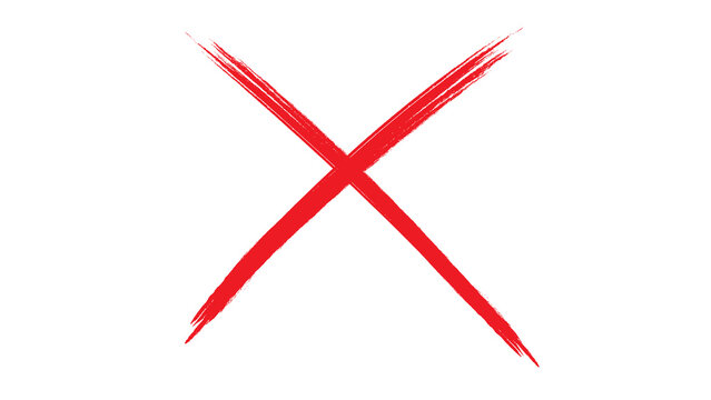 Red hand-drawn brush stroke cross mark or x symbol with negative scribble creative illustration isolated background incorrect selection cancelation