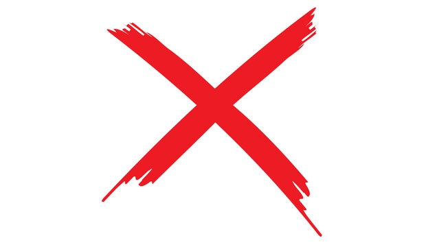 Red hand-drawn brush stroke cross mark or x symbol with negative scribble creative illustration isolated background incorrect selection cancelation