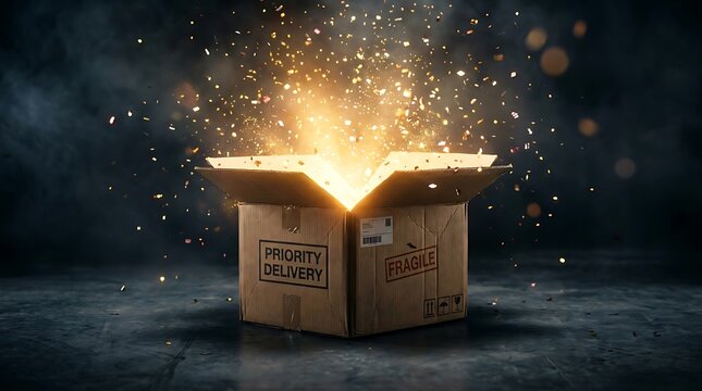 Open cardboard box with glowing light and sparkles revealing empty space inside