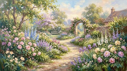 Obraz premium Enchanting garden path lined with roses and delphiniums under sunlight