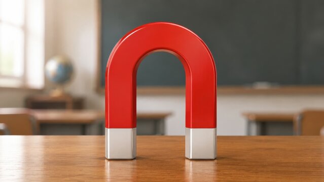 Red horseshoe magnet on a wooden desk in a classroom setting