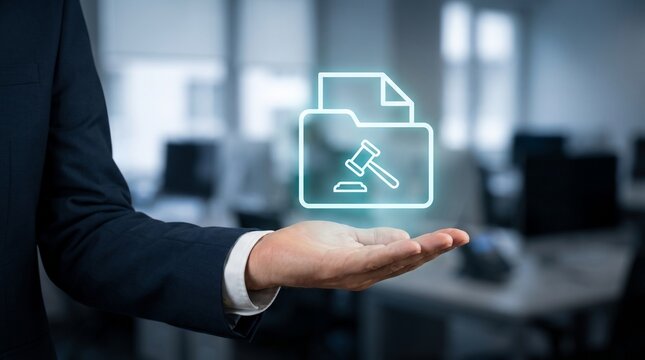 Businessman holding holographic folder icon with judge gavel symbol representing digital law and legal documentation management within modern office environment for professional services.