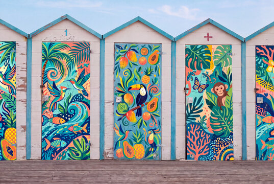beach huts cabins and tropical style changing rooms lined up along the beach