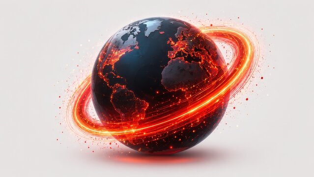 Dark globe with fiery red orbit line and glowing particles swirling around