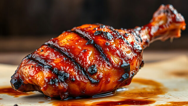 Juicy grilled barbecue chicken drumstick with charred grill marks and sticky glossy BBQ sauce glaze on parchment paper for american barbecue and cookout closeup.