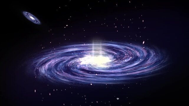 Deep space spiral galaxy loop animation with bright center light and floating