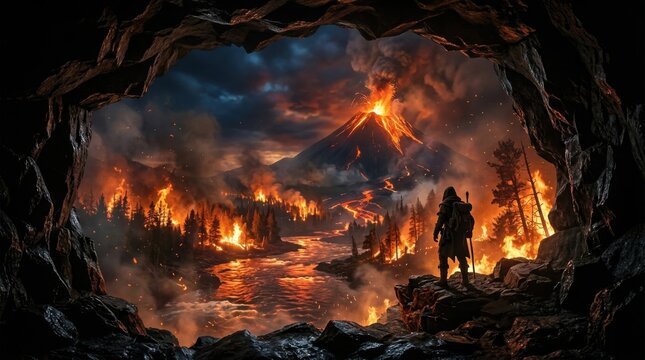 Adventurer watches a volcano erupting and forest burning from a cave entrance