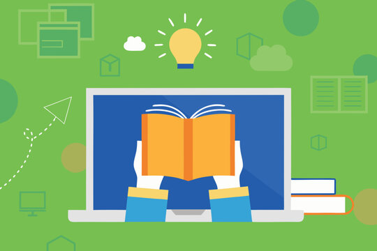 Open Book Displayed On A Laptop Screen A Flat Vector Illustration With Educational Elements