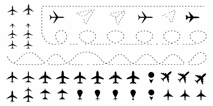 Airplane Silhouettes And Flight Path Lines On A White Background Vector Illustration airplanes