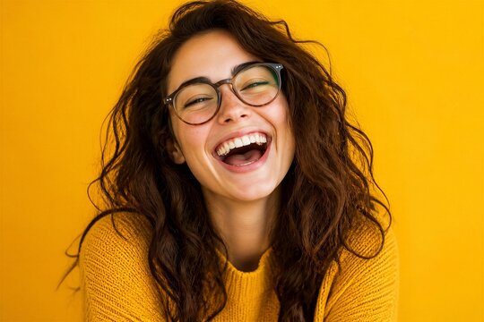 Young woman laughing broadly against yellow background